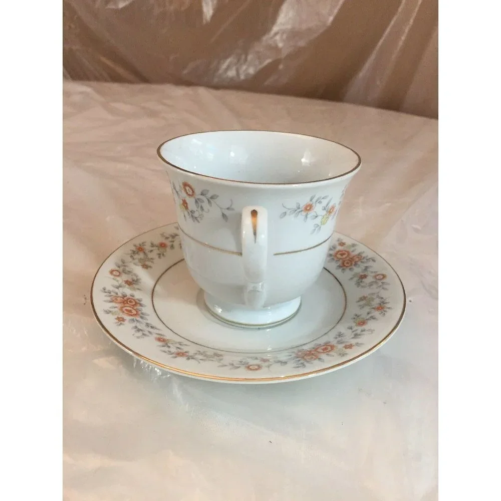 VTG FTDA 1987 Footed Tea Cup & Saucer White Silver Band Peach Floral Cottagecore